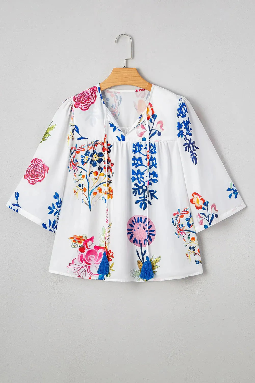 Bloom Printed 3/4 Sleeve Tie Neck Tassel Boho Blouse
