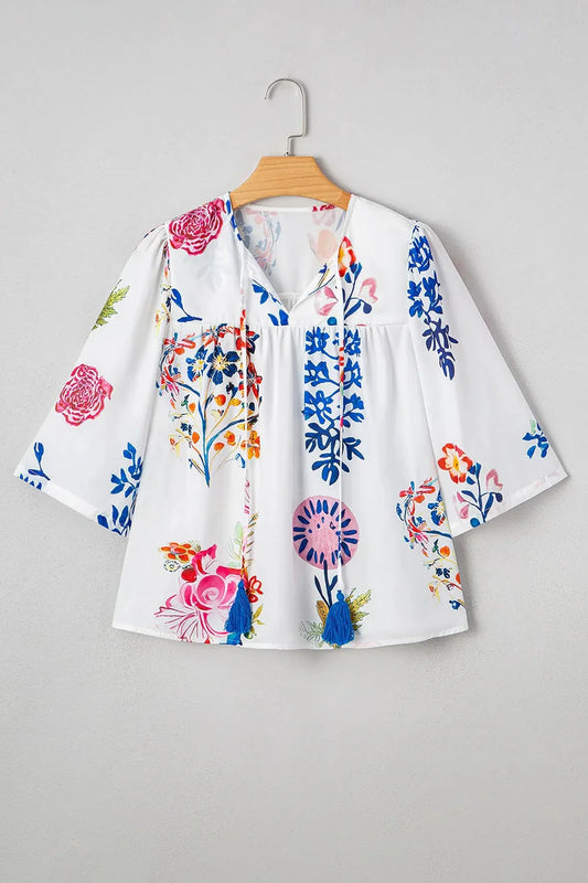 Bloom Printed 3/4 Sleeve Tie Neck Tassel Boho Blouse