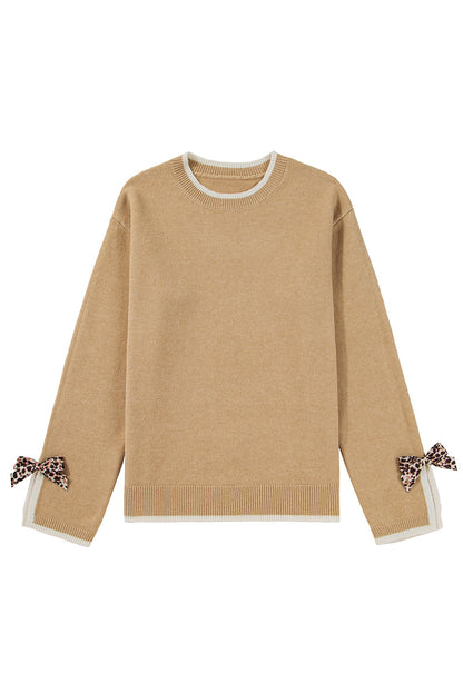 Racing Red Leopard Bow Decor Split Cuffs Contrast Trim Sweater