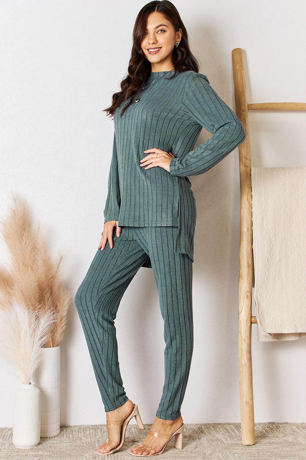 Basic Bae Full Size Ribbed Round Neck High-Low Slit Top Set