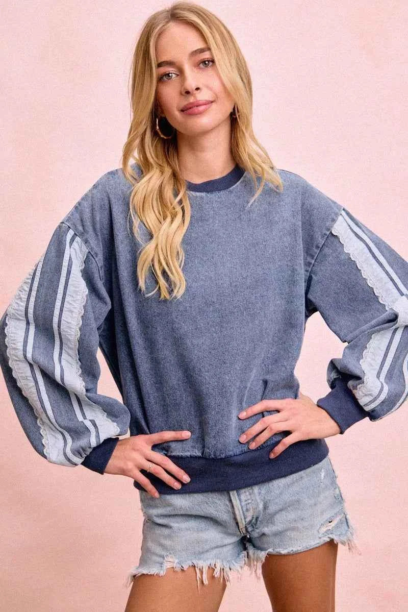 Washed Denim Lace Contrast Sided Sweatshirt by BiBi
