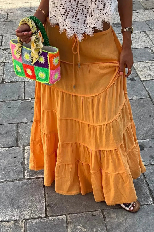 Boho Tiered Maxi Skirt with Drawstring Waist