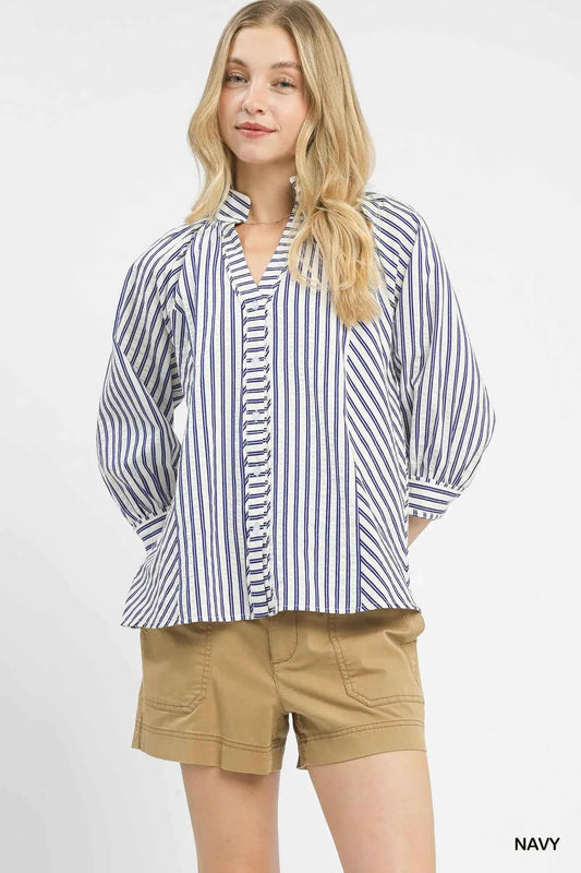 Umgee Striped V-Neck Button Down Top