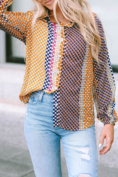 Brown Dot Print Long Sleeve Button Down Shift PLUS Shirt