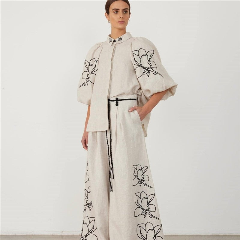 Printed Cotton Linen Wide-Leg Pants Set