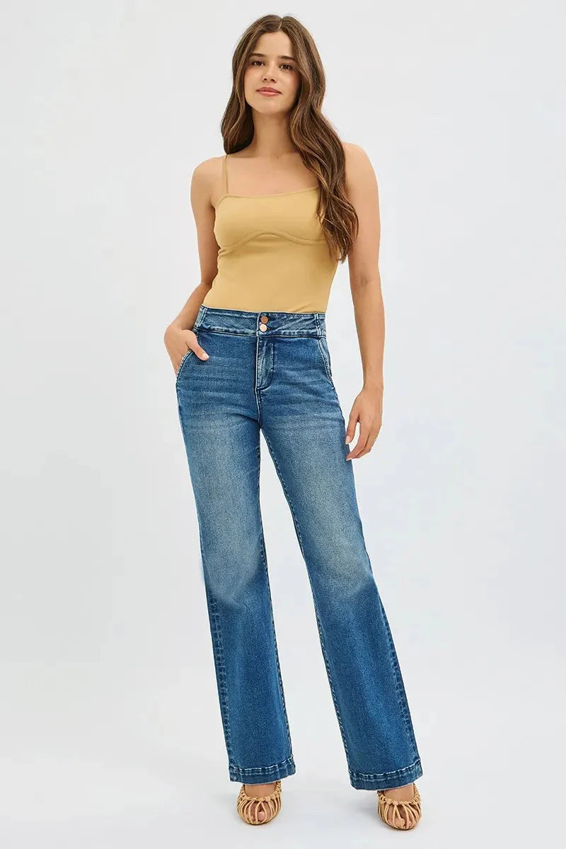RISEN Jeans - Plus Size Tummy Control Bootcut Jeans with Double Button Waistband