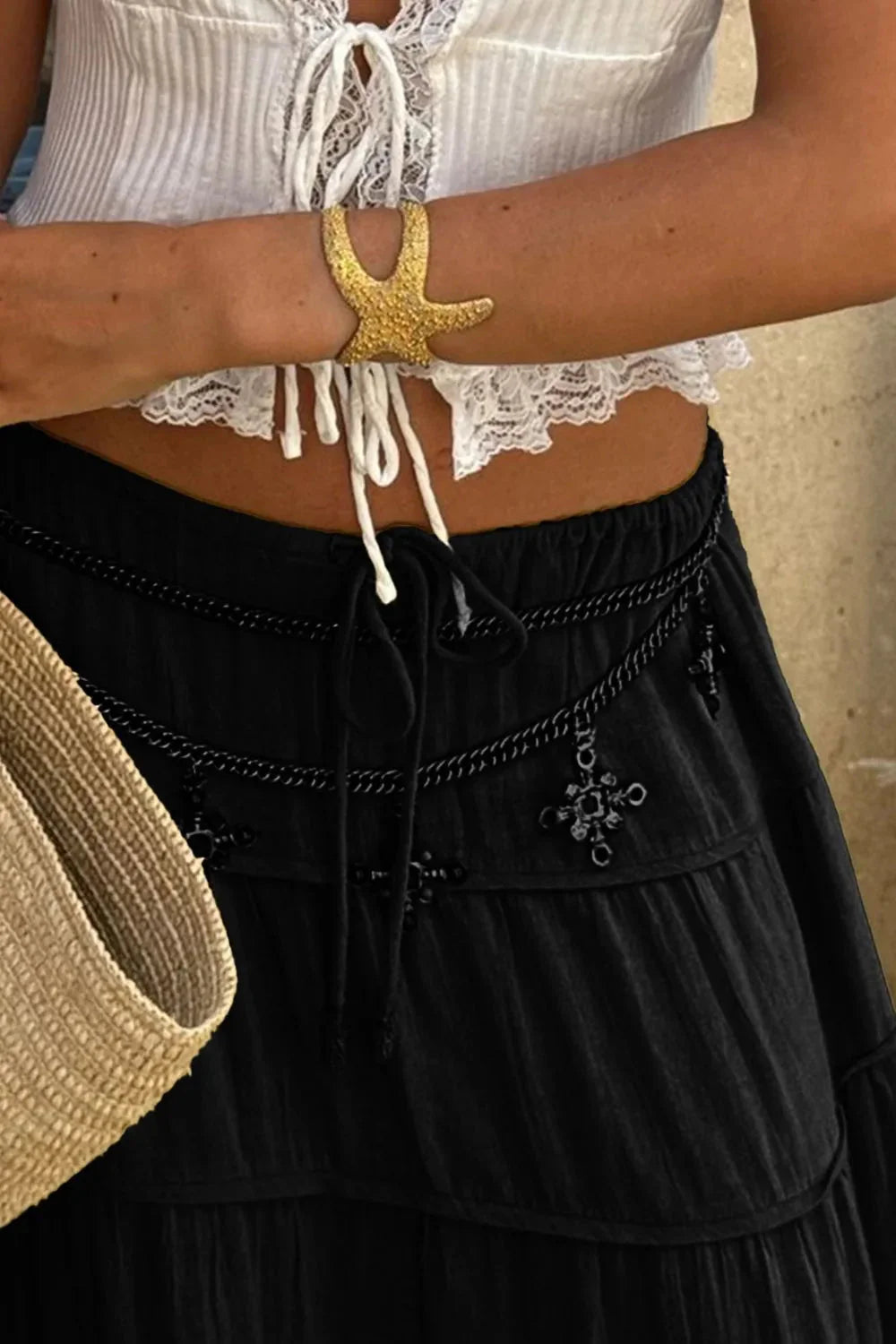 Boho Tiered Maxi Skirt with Drawstring Waist