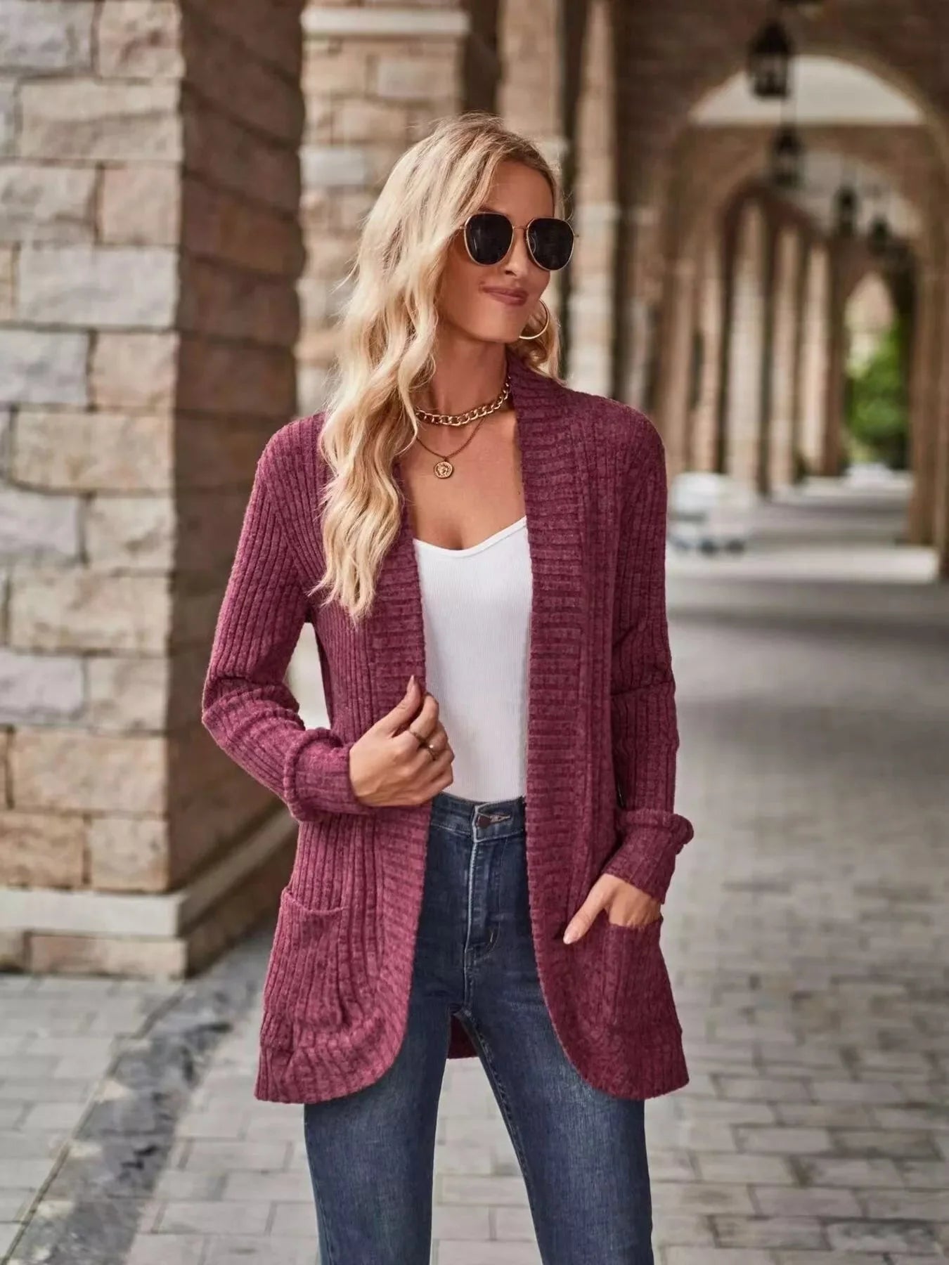 Ribbed Knit Open Front Cardigan