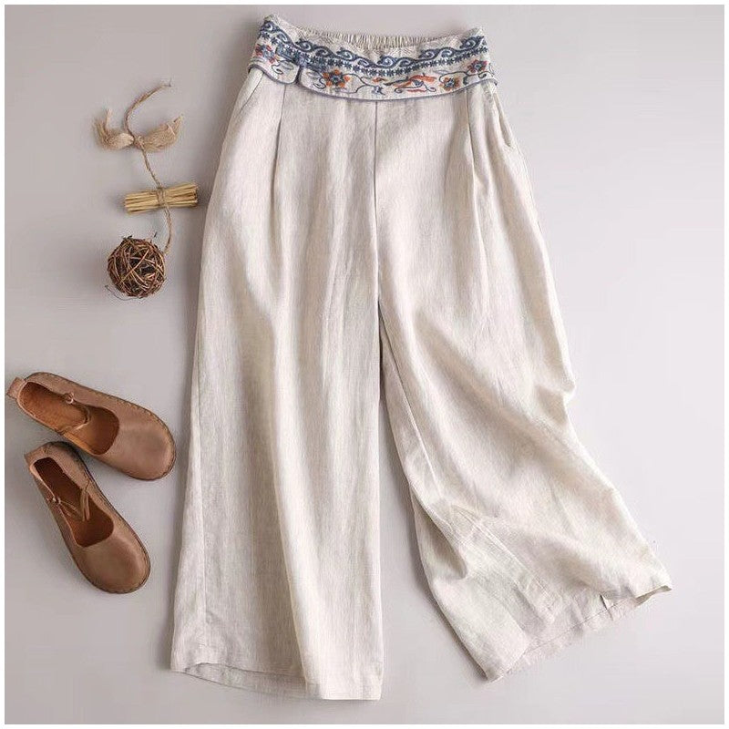 Embroidered Wide-Leg Cotton and Linen Pants