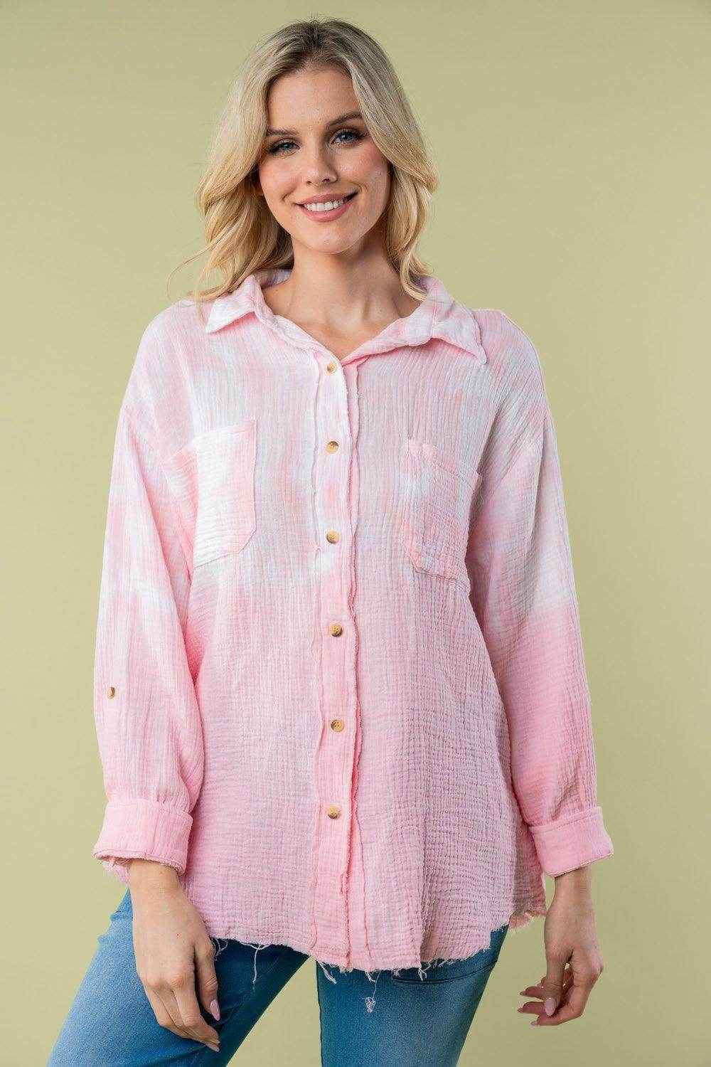 White Birch Full Size Long Sleeve Tie Dye Shirt for Women