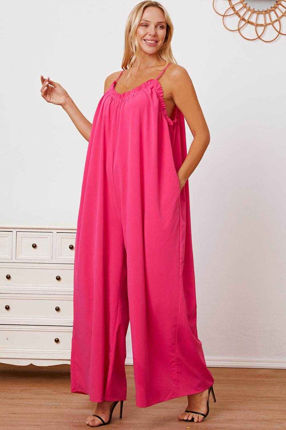 Double Take Full Size Ruffle Trim Tie Back Cami Jumpsuit