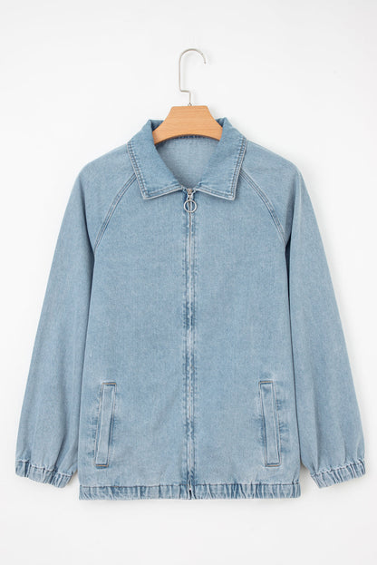 Myosotis Denim Jacket Zip Up With Elastic Hem Raglan Sleeves