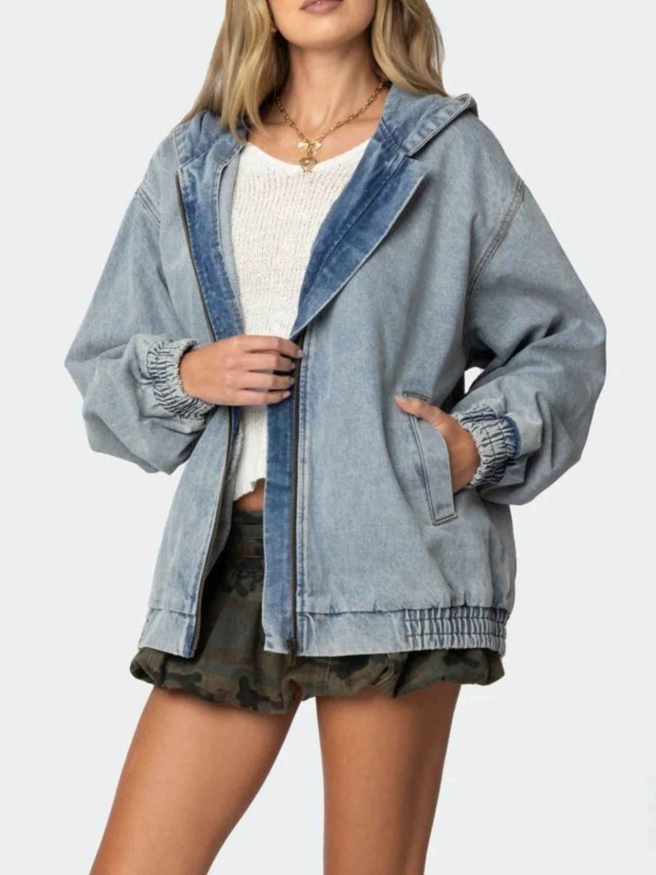 Hooded Oversized Zip Up Denim Jacket