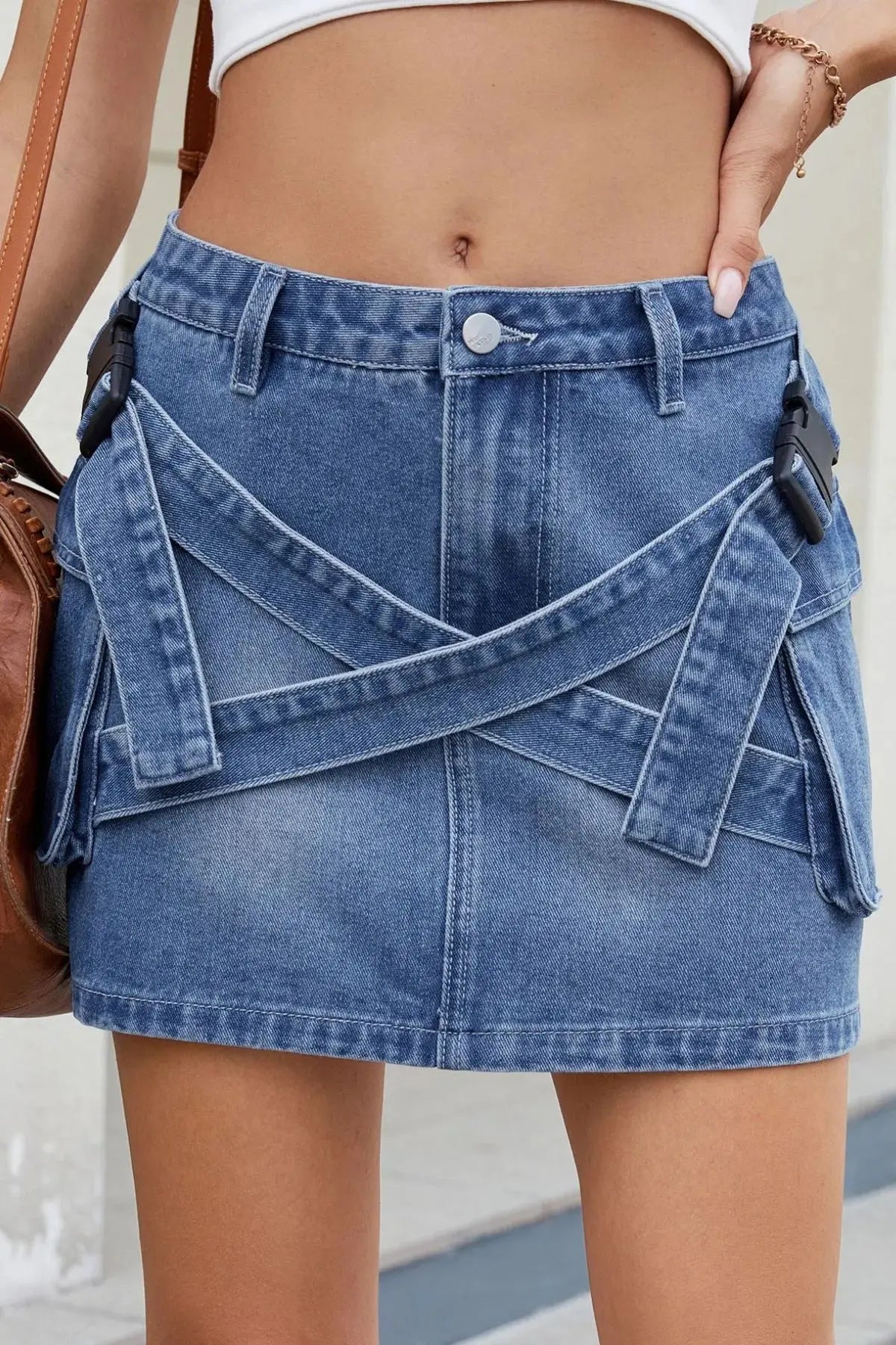 Criss-Cross Waist Pocketed Denim Mini Skirt