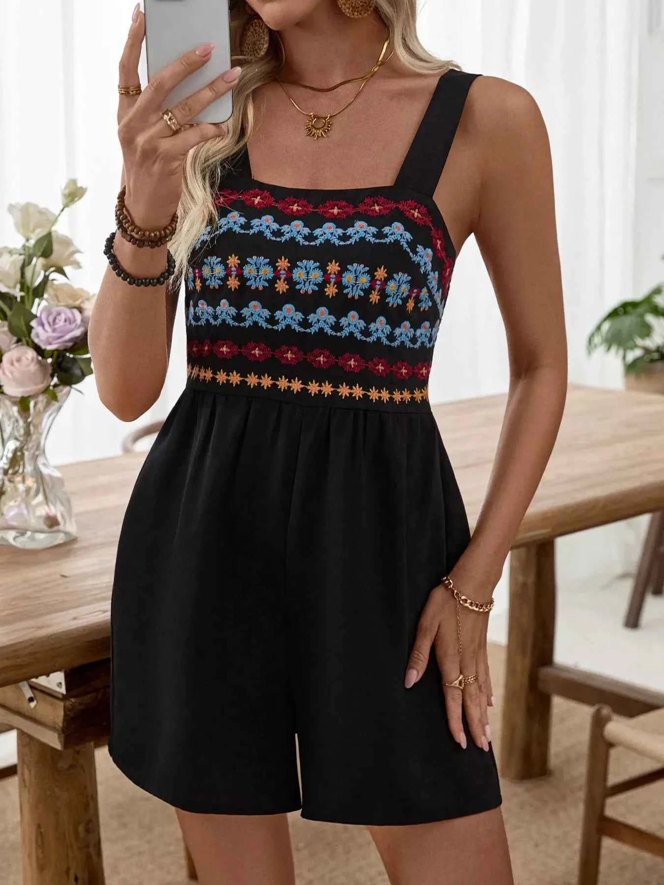 Embroidered Wide Strap Romper