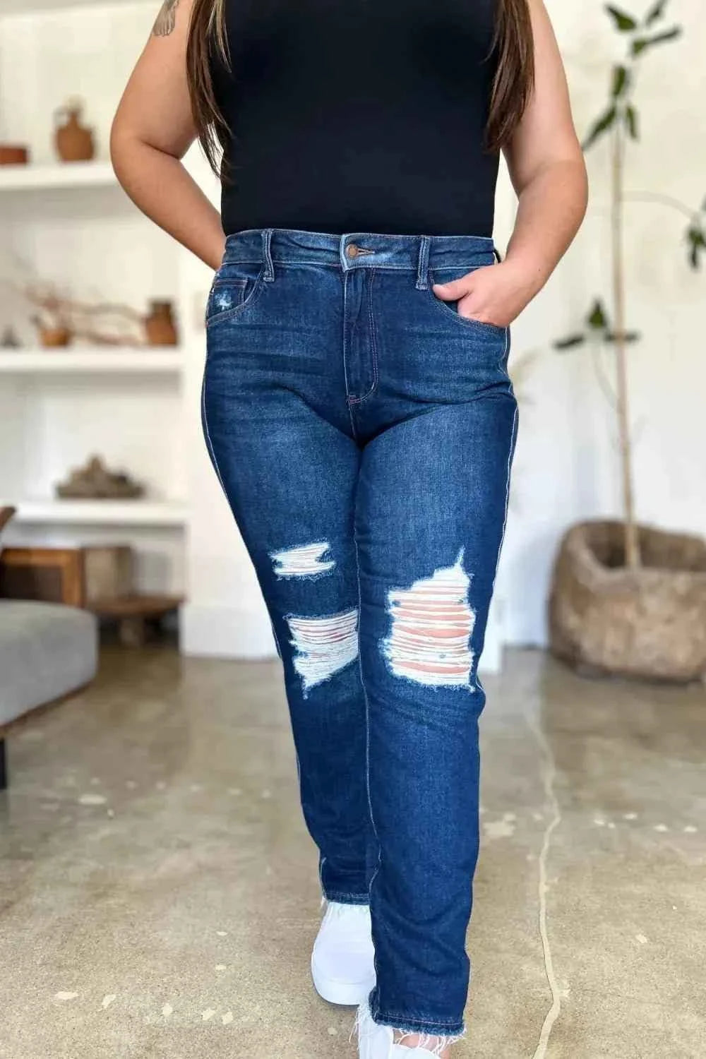 Full Size High Waist Rigid Magic Heavy Destroy Straight Jeans