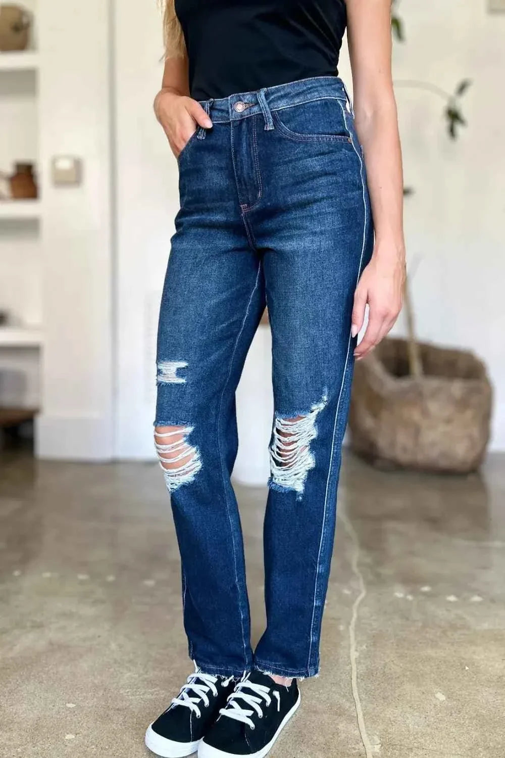 Full Size High Waist Rigid Magic Heavy Destroy Straight Jeans