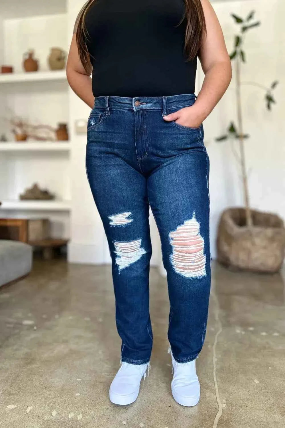 Full Size High Waist Rigid Magic Heavy Destroy Straight Jeans