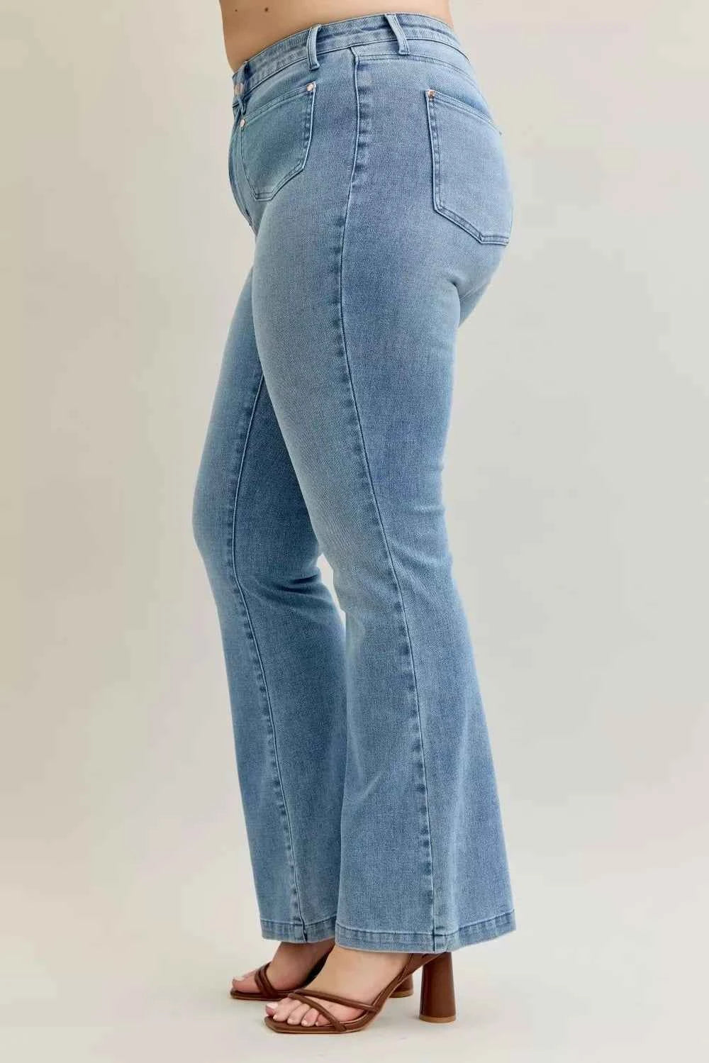 Mid Rise Bootcut Jeans W/ Contrast Wash & Front Patch Pockets by Judy Blue