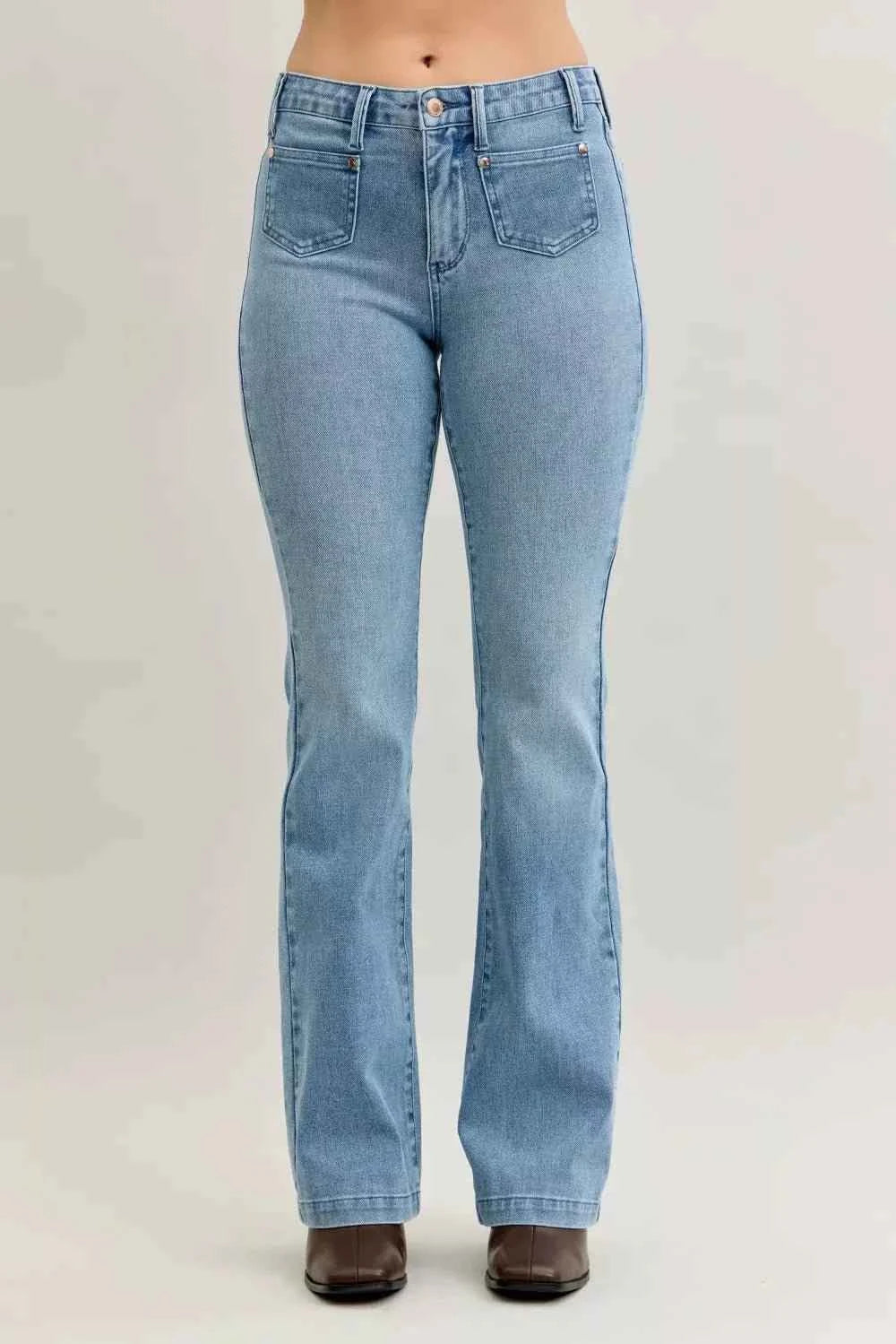 Mid Rise Bootcut Jeans W/ Contrast Wash & Front Patch Pockets by Judy Blue