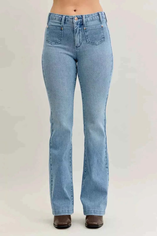 Mid Rise Bootcut Jeans W/ Contrast Wash & Front Patch Pockets by Judy Blue