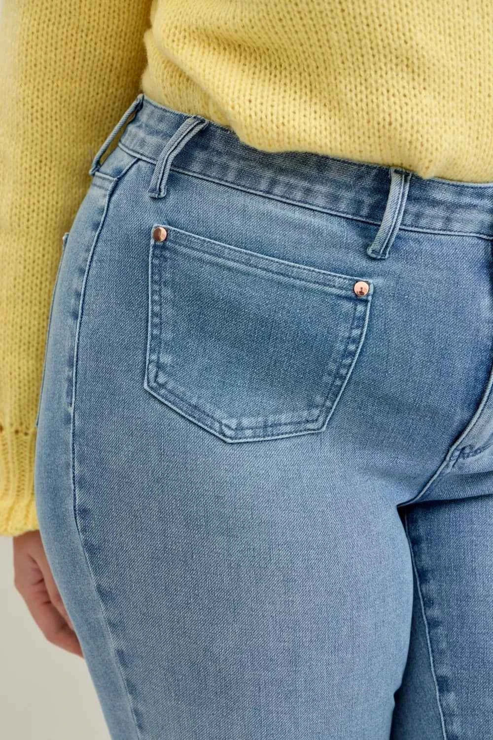Mid Rise Bootcut Jeans W/ Contrast Wash & Front Patch Pockets by Judy Blue