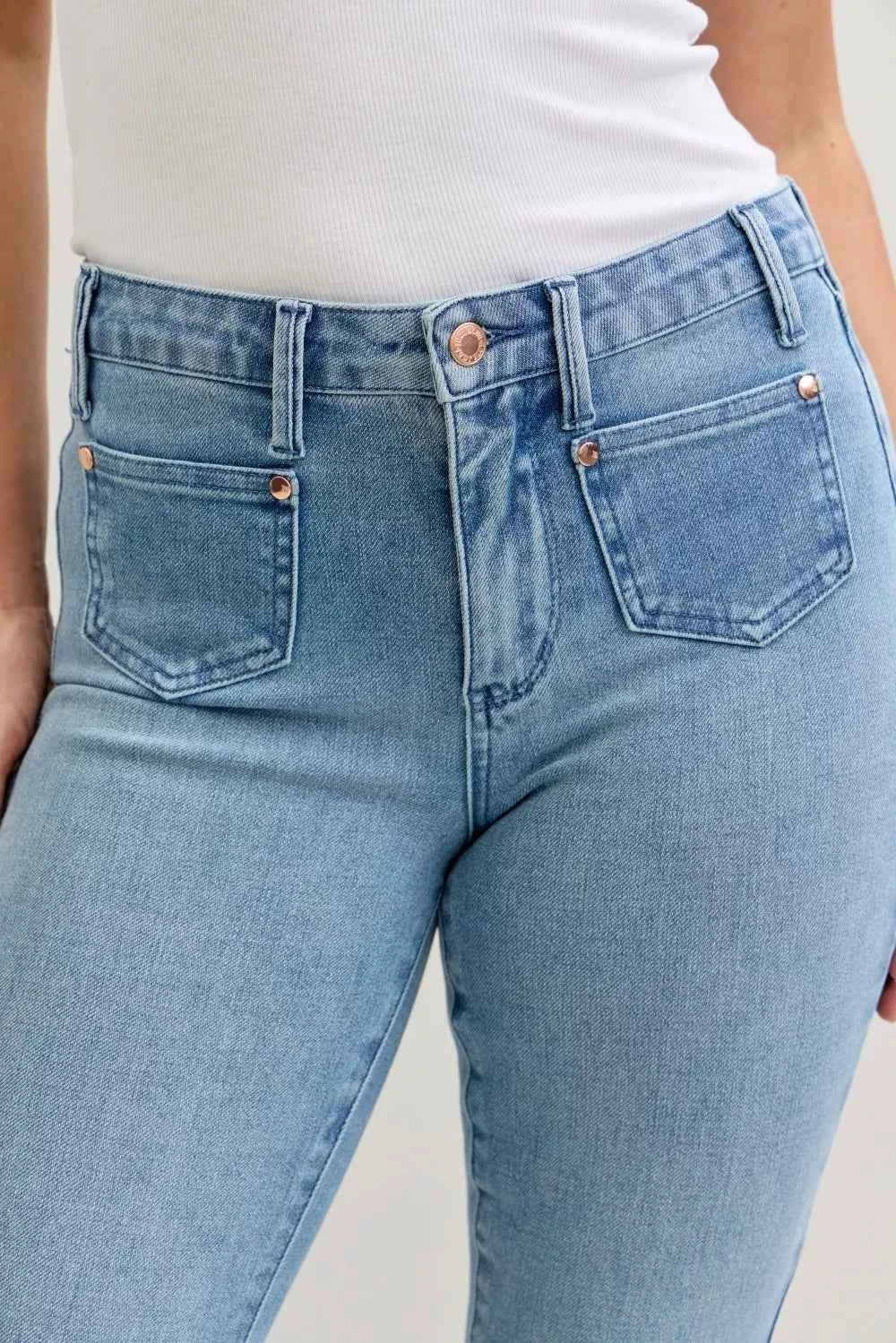 Mid Rise Bootcut Jeans W/ Contrast Wash & Front Patch Pockets by Judy Blue