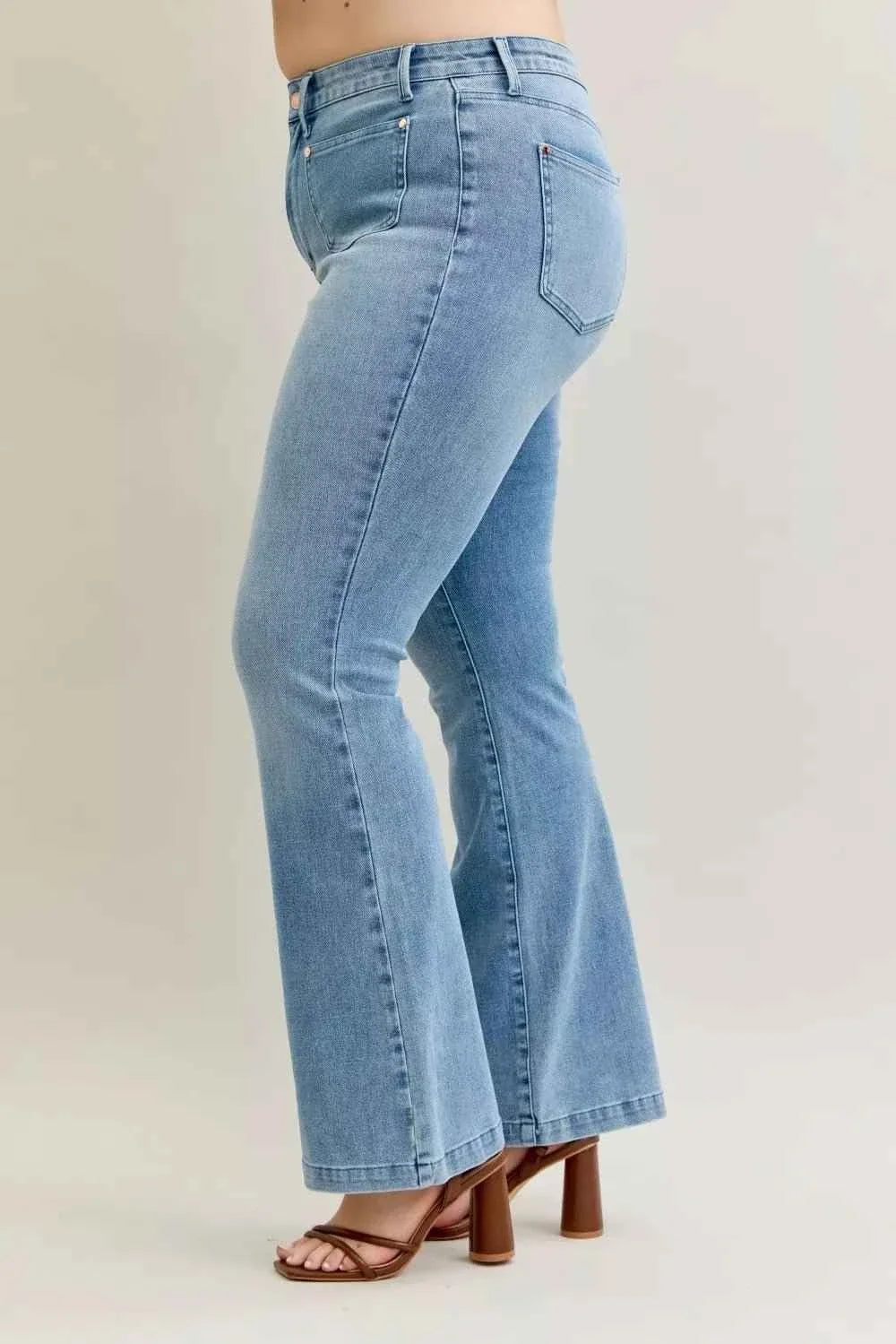 Mid Rise Bootcut Jeans W/ Contrast Wash & Front Patch Pockets by Judy Blue