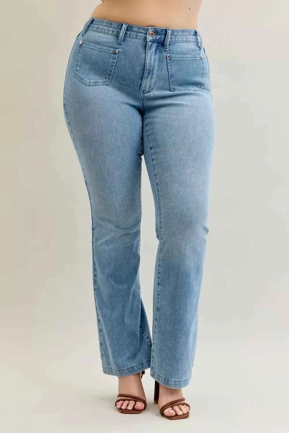 Mid Rise Bootcut Jeans W/ Contrast Wash & Front Patch Pockets by Judy Blue