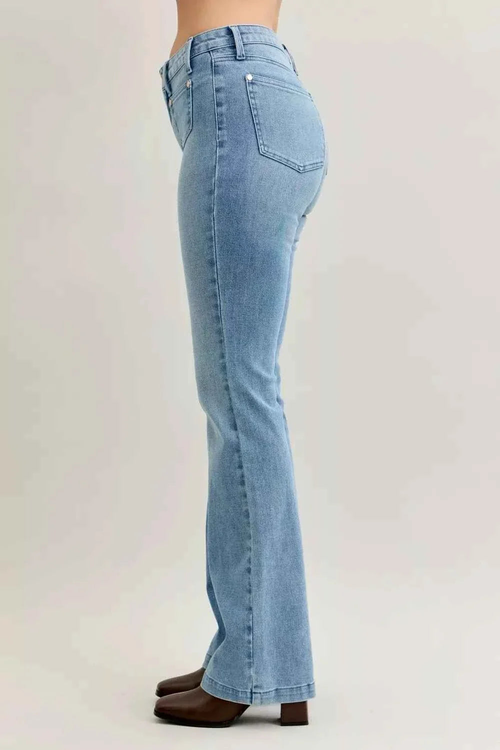 Mid Rise Bootcut Jeans W/ Contrast Wash & Front Patch Pockets by Judy Blue