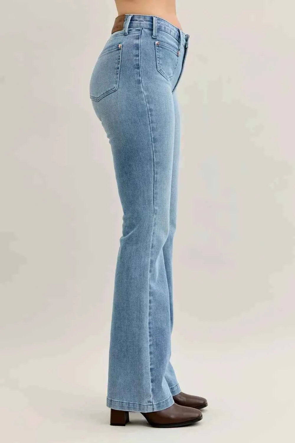 Mid Rise Bootcut Jeans W/ Contrast Wash & Front Patch Pockets by Judy Blue