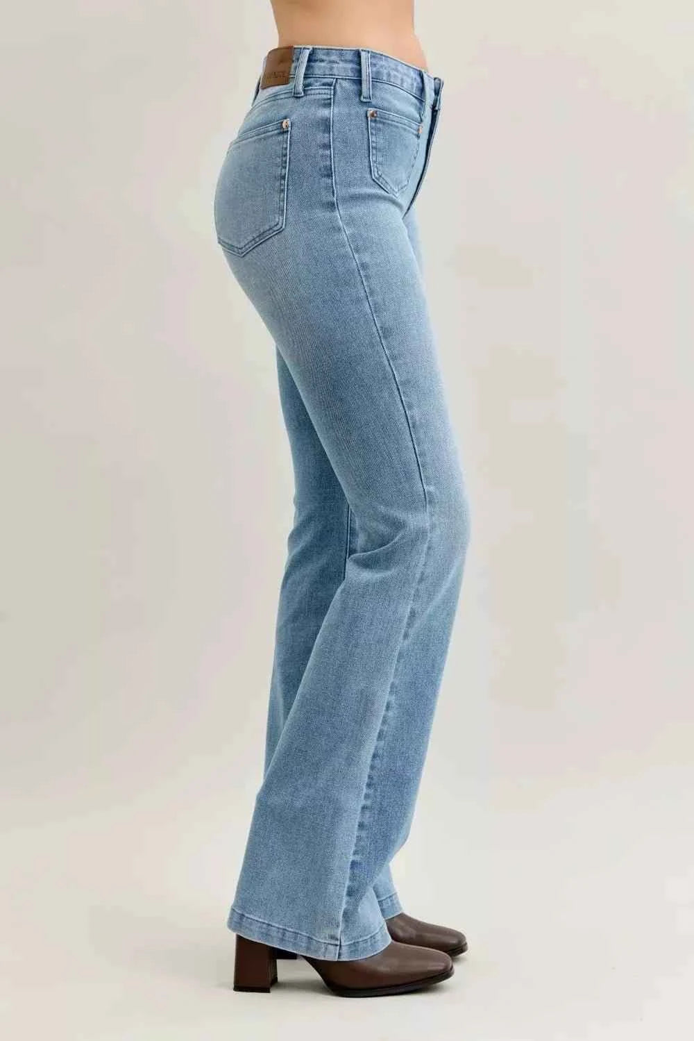 Mid Rise Bootcut Jeans W/ Contrast Wash & Front Patch Pockets by Judy Blue