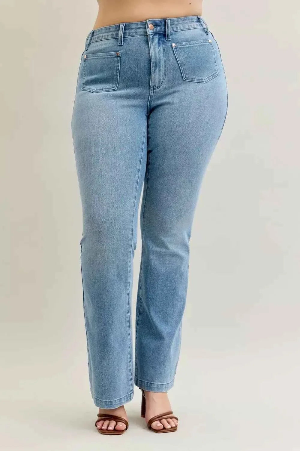 Mid Rise Bootcut Jeans W/ Contrast Wash & Front Patch Pockets by Judy Blue