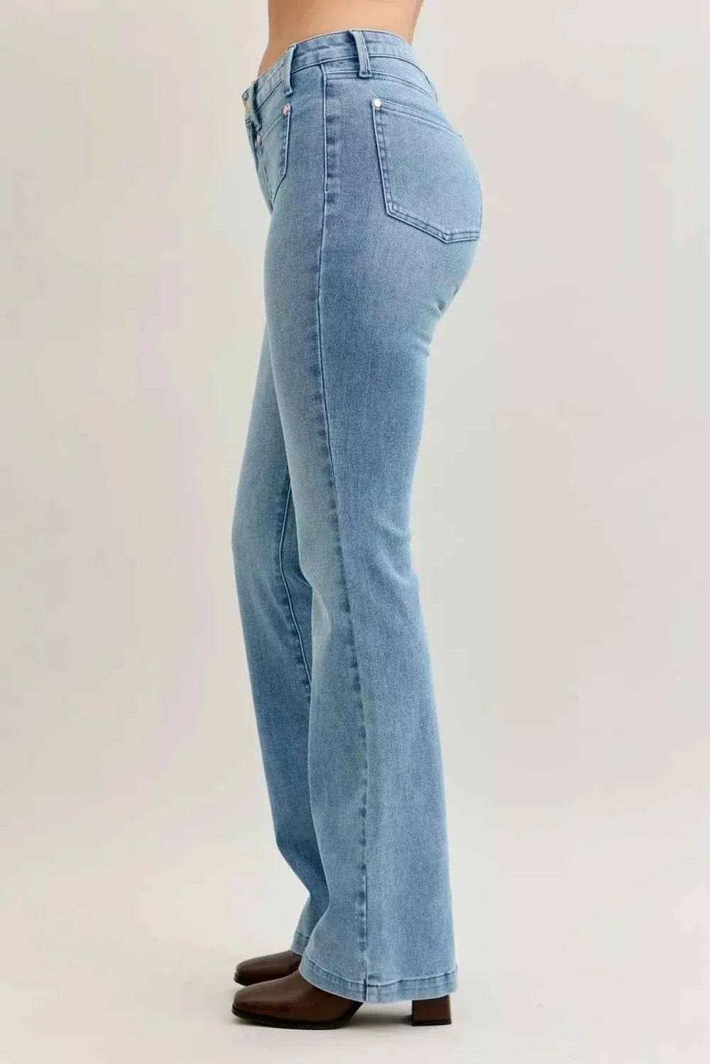 Mid Rise Bootcut Jeans W/ Contrast Wash & Front Patch Pockets by Judy Blue