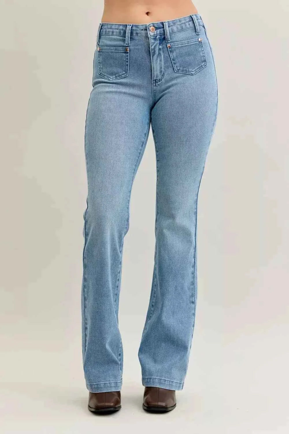 Mid Rise Bootcut Jeans W/ Contrast Wash & Front Patch Pockets by Judy Blue