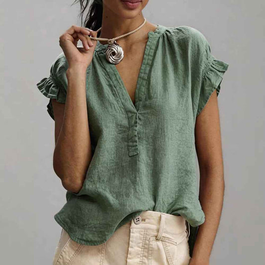 Cotton-Linen V-Neck Ruffle Sleeve Blouse