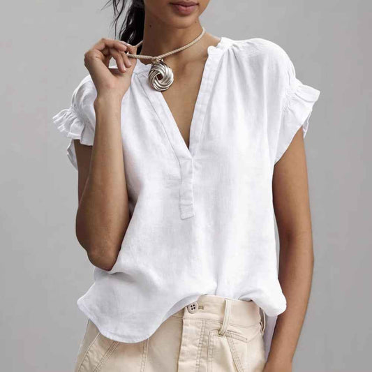 Cotton-Linen V-Neck Ruffle Sleeve Blouse