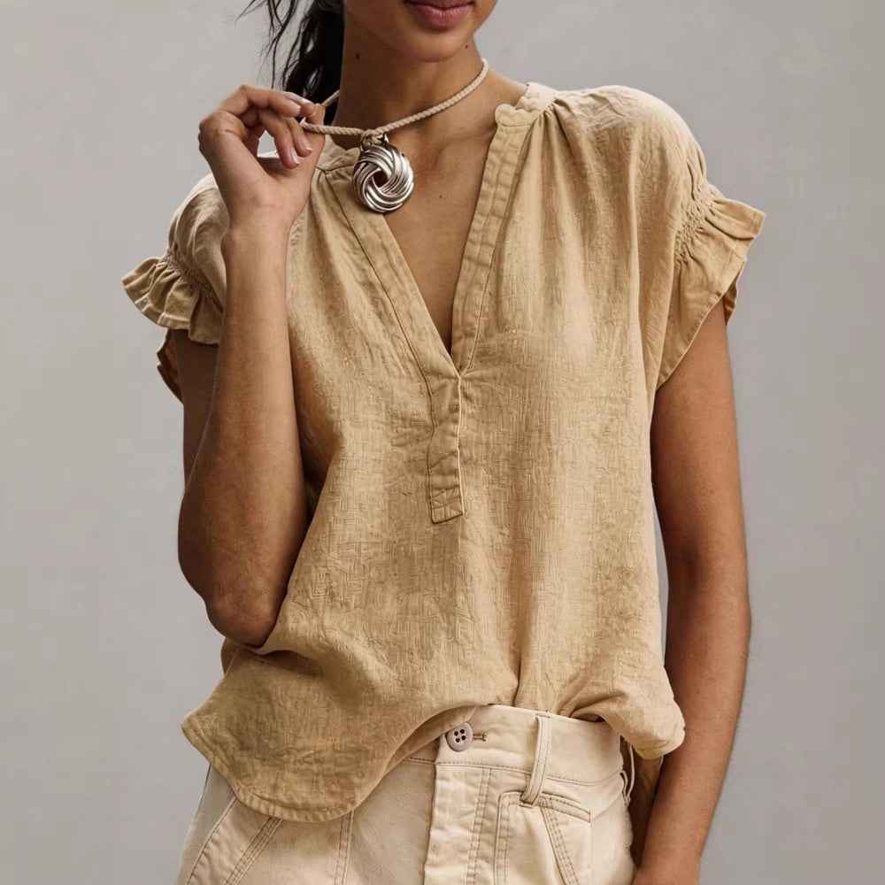 Cotton-Linen V-Neck Ruffle Sleeve Blouse