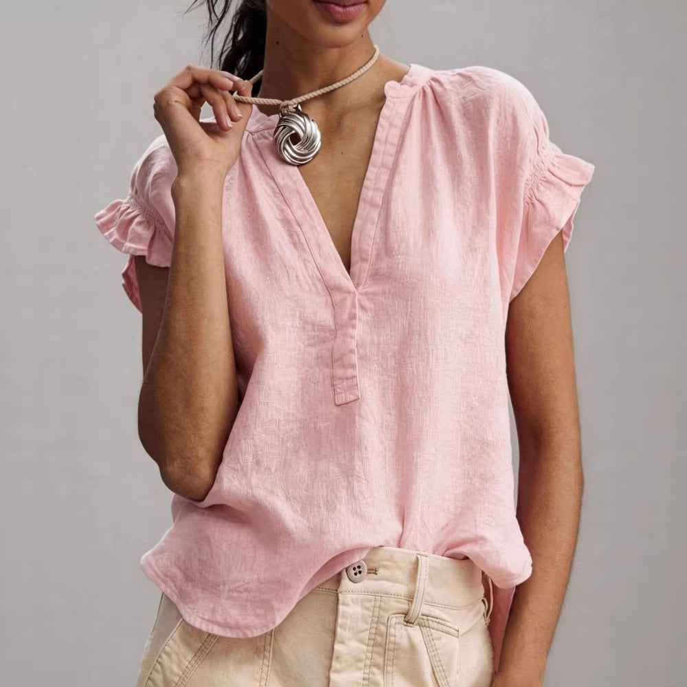 Cotton-Linen V-Neck Ruffle Sleeve Blouse