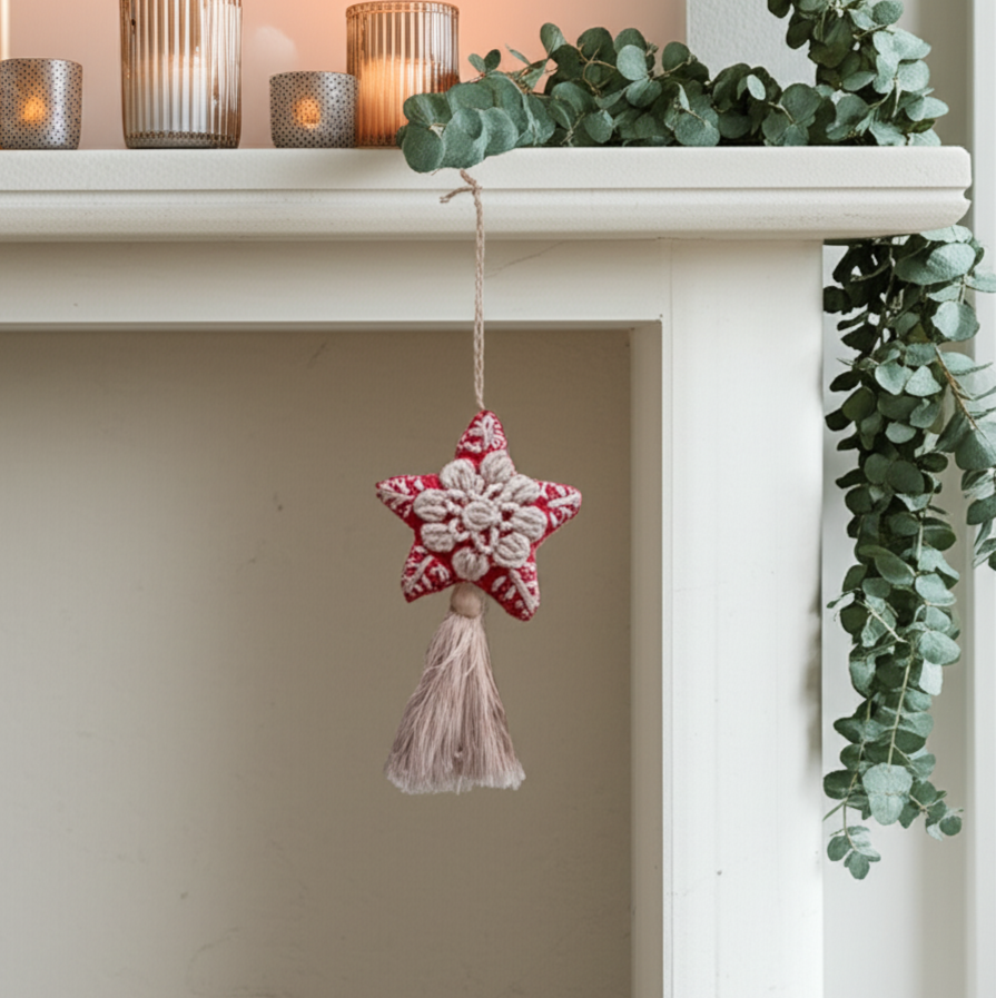 Red Star Embroidered Felted Wool Handmade Ornament - Mexico