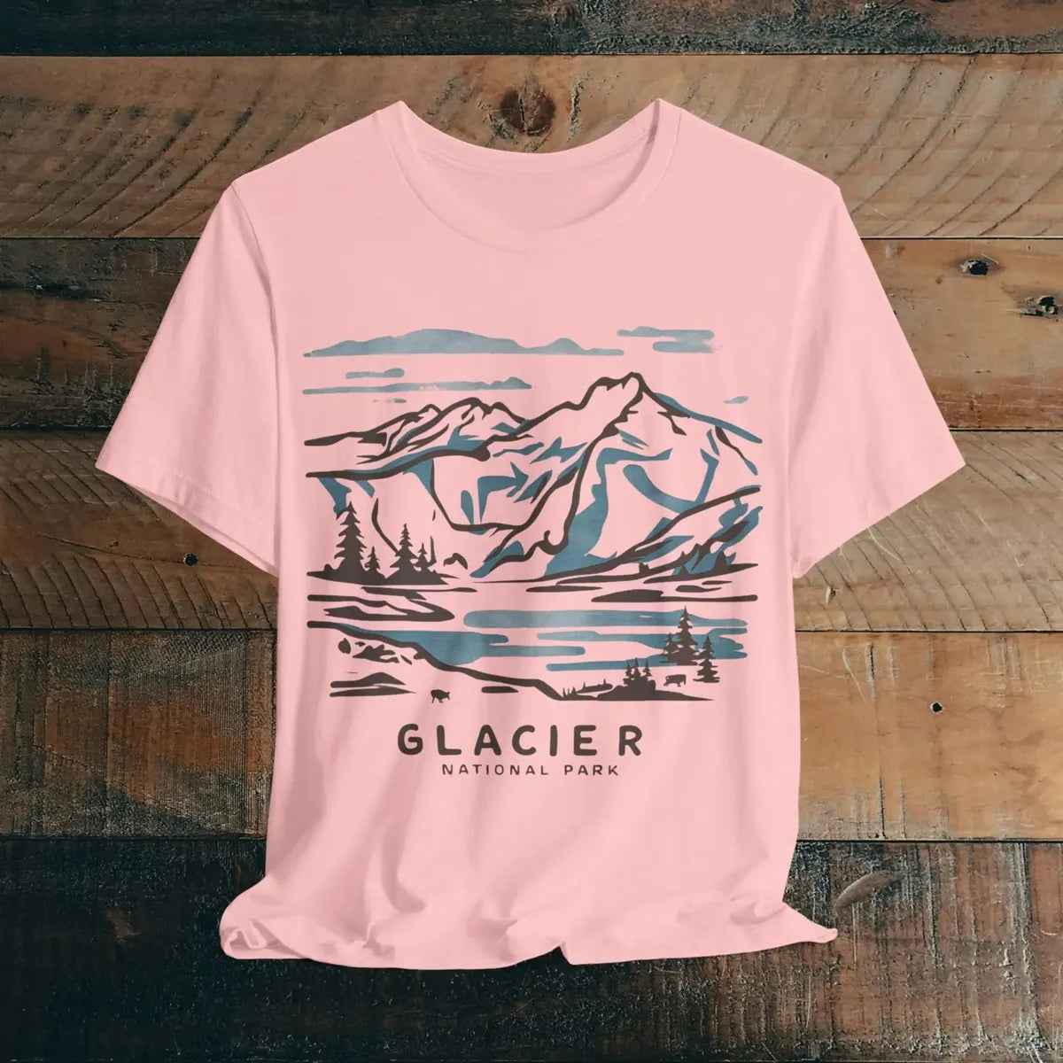 Glacier National Park Unisex Fit Soft T-Shirt Watercolor Line Art