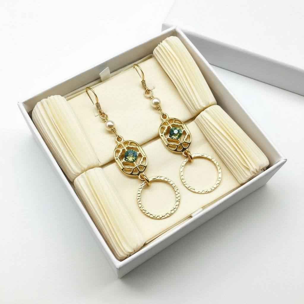 14 KT Gold Filled Green Crystal Circle Filigree Earrings