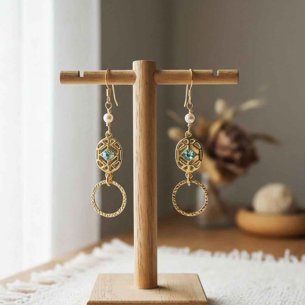 14 KT Gold Filled Green Crystal Circle Filigree Earrings