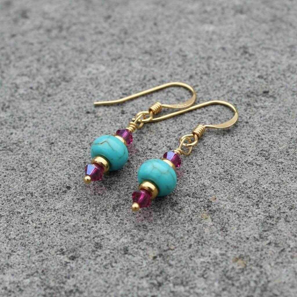 Hot Pink and Turquoise Gemstone14 K Gold Filled Earrings
