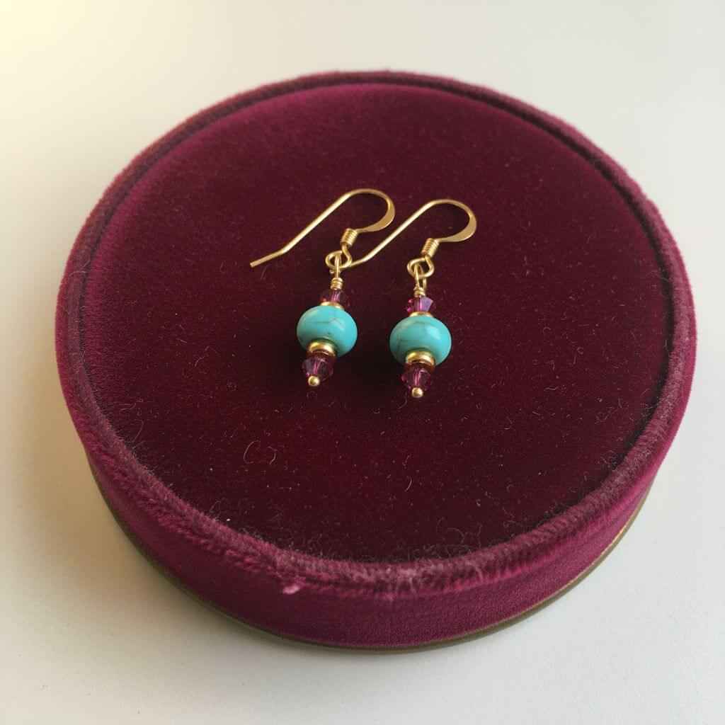 Hot Pink and Turquoise Gemstone14 K Gold Filled Earrings