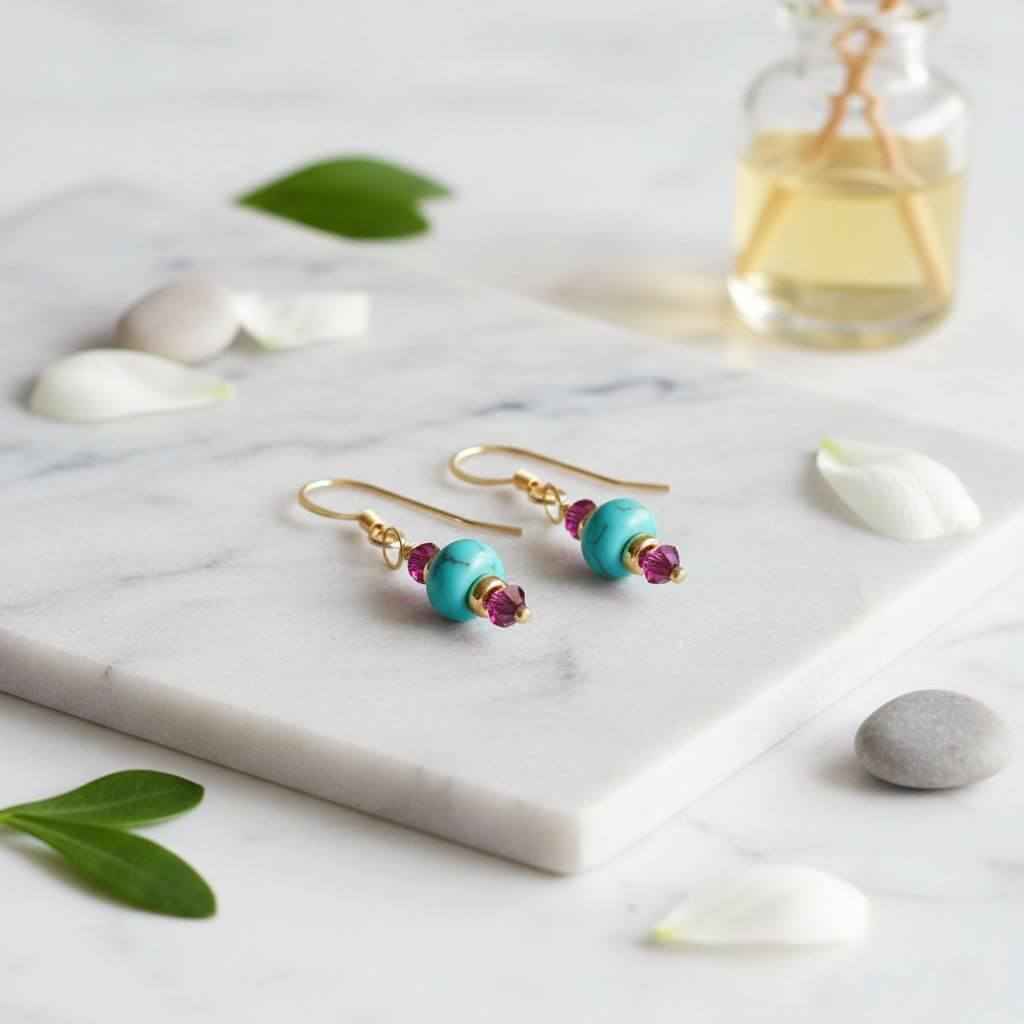Hot Pink and Turquoise Gemstone14 K Gold Filled Earrings