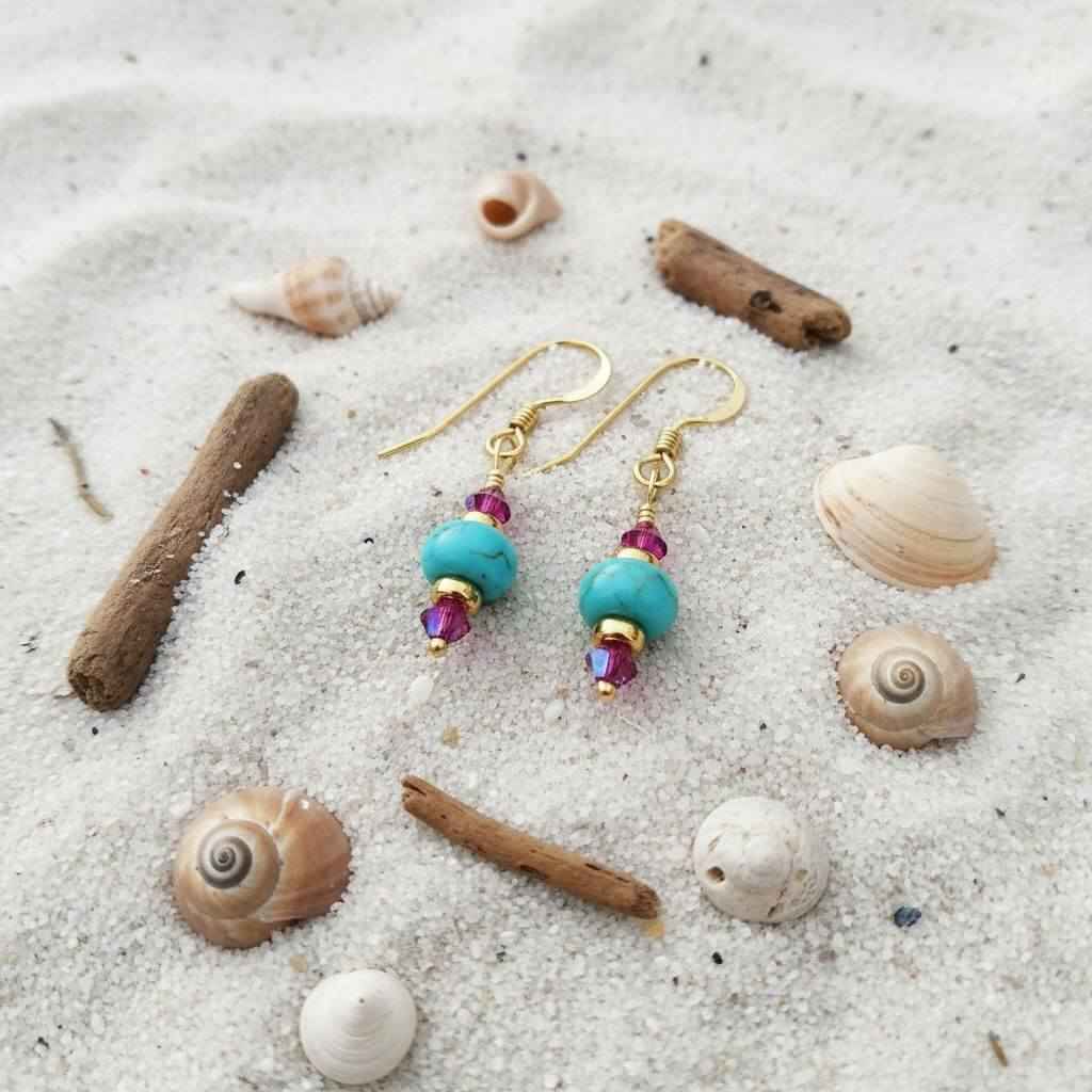 Hot Pink and Turquoise Gemstone14 K Gold Filled Earrings