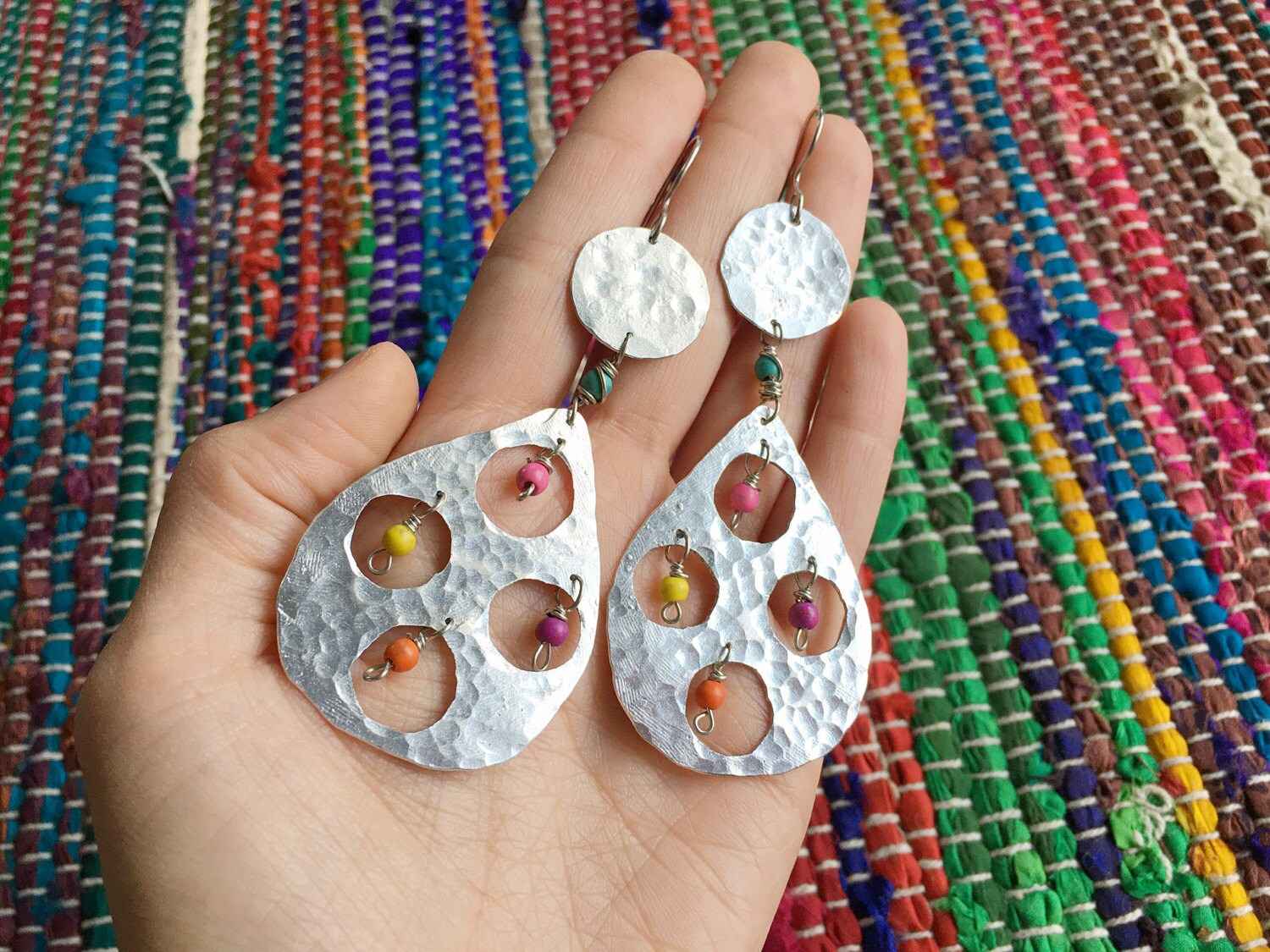 Colorful Fiesta Metal Drop Earrings: Handmade Confetti Statement Jewelry
