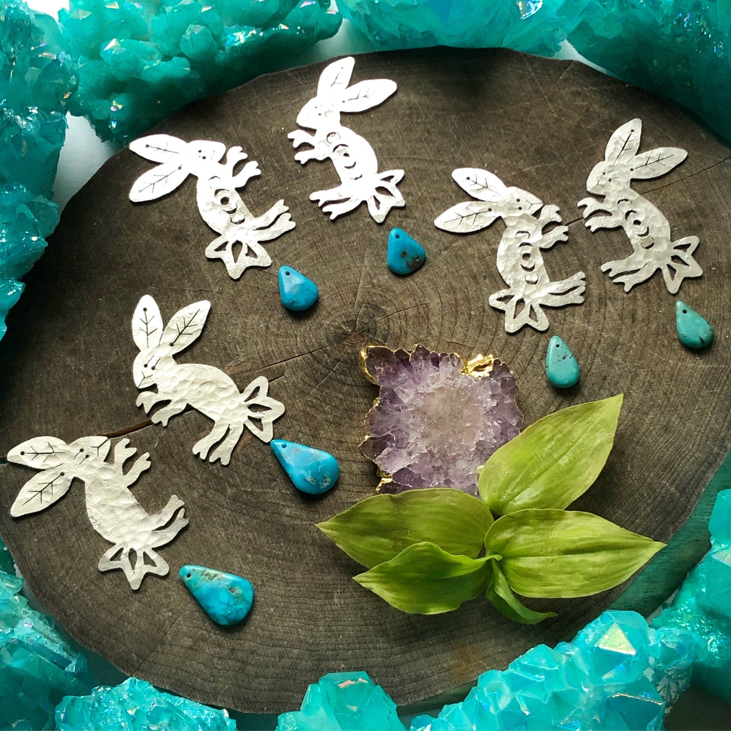 Otomi Rabbit Earrings: Handmade Aluminum Lunar Jewelry, Turquoise Accent