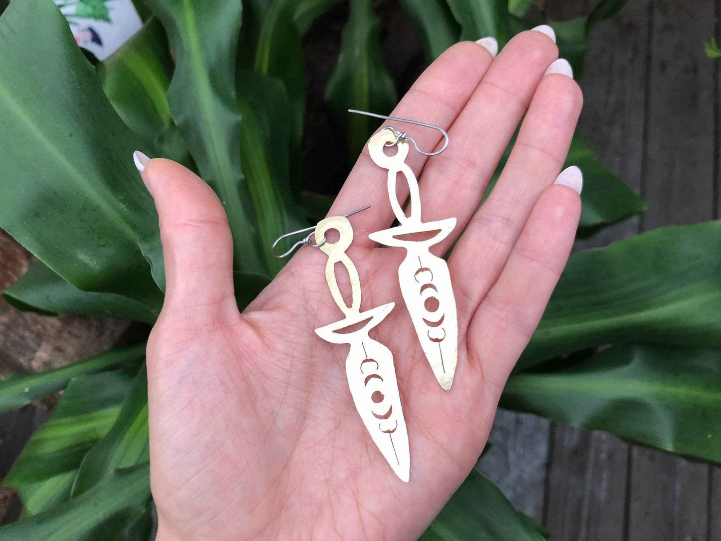 Dagger earrings, hammered metal jewelry, moon phase dagger earrings